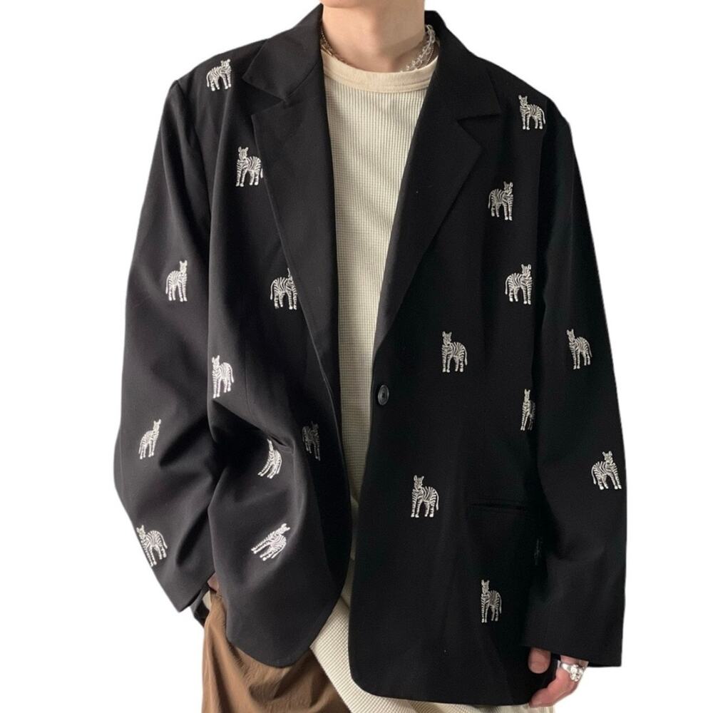 Quacker Factory Embroidered Zebra Blazer Sports Coat Large Black Novelty